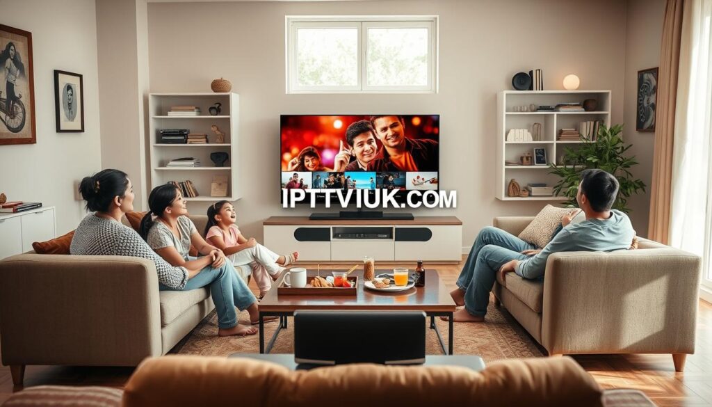 A cozy living room setting showcasing the India IPTV customer experience. In the foreground, a family of four—parents and two children—are comfortably seated on a modern sofa, all watching a large flat-screen TV displaying vibrant streaming content. The middle ground features a stylish coffee table with snacks and drinks, emphasizing a casual, family-friendly atmosphere. In the background, there are shelves filled with books and decorative items, creating a warm, inviting ambiance. Soft, natural light streams in from a window, highlighting the engaging expressions on the family's faces as they enjoy the IPTV service. The brand "IPTVVUK.COM" is subtly incorporated into the scene, perhaps as part of the streamed content or displayed on the device. The overall mood is cheerful and engaging, illustrating a positive customer experience. A cozy living room setting showcasing the India IPTV customer experience. In the foreground, a family of four—parents and two children—are comfortably seated on a modern sofa, all watching a large flat-screen TV displaying vibrant streaming content. The middle ground features a stylish coffee table with snacks and drinks, emphasizing a casual, family-friendly atmosphere. In the background, there are shelves filled with books and decorative items, creating a warm, inviting ambiance. Soft, natural light streams in from a window, highlighting the engaging expressions on the family's faces as they enjoy the IPTV service. The brand "IPTVVUK.COM" is subtly incorporated into the scene, perhaps as part of the streamed content or displayed on the device. The overall mood is cheerful and engaging, illustrating a positive customer experience.