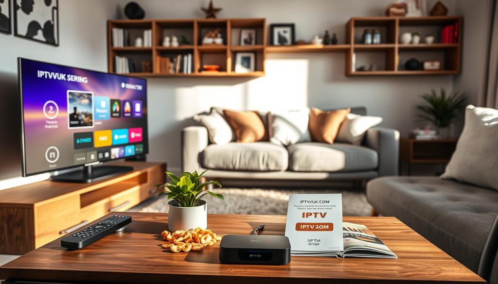 A cozy living room setup showcasing an IPTV streaming service. In the foreground, a sleek, modern TV with a streaming device connected to it, displaying an interface of IPTVVUK.COM. A stylish coffee table holds a remote control, snacks, and an informational booklet about IPTV streaming. In the middle, an inviting couch with soft cushions and a living plant beside it, creating a warm atmosphere. The background features shelves adorned with books and decor, subtly lit by natural sunlight pouring through a window, adding a sense of calm. The scene captures a relaxed yet tech-savvy vibe, with a focus on comfort and modernity, evoking a sense of ease in setting up IPTV services. A cozy living room setup showcasing an IPTV streaming service. In the foreground, a sleek, modern TV with a streaming device connected to it, displaying an interface of IPTVVUK.COM. A stylish coffee table holds a remote control, snacks, and an informational booklet about IPTV streaming. In the middle, an inviting couch with soft cushions and a living plant beside it, creating a warm atmosphere. The background features shelves adorned with books and decor, subtly lit by natural sunlight pouring through a window, adding a sense of calm. The scene captures a relaxed yet tech-savvy vibe, with a focus on comfort and modernity, evoking a sense of ease in setting up IPTV services.