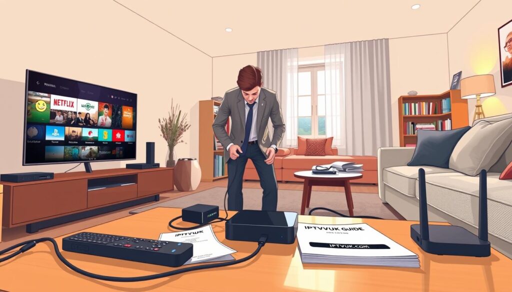 A detailed IPTV setup guide illustration, featuring a sleek living room with a large flat-screen TV displaying IPTV content. In the foreground, a modern coffee table cluttered with a remote, cables, and a user manual prominently labeled with "IPTVVUK.COM". The middle ground showcases a professional individual in smart casual attire, intently connecting devices like a streaming box and router. The background features a cozy couch, bookshelves, and ambient lighting creating a warm and inviting atmosphere. Natural light filters through a window, casting soft shadows. The angle is slightly elevated, capturing all elements harmoniously while maintaining a focus on the setup process. Emphasize clarity and a sense of guidance in the composition, avoiding any text or digital interfaces.