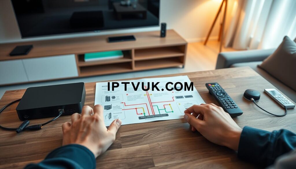 A detailed IPTV setup guide laid out on a stylish wooden table, showcasing various components like a sleek set-top box, modern TV, and a remote control. In the foreground, a person's hands connect cables, demonstrating the setup process, dressed in casual yet professional attire. The middle section features an informative visual guide illustrated with diagrams and highlighted connections in vibrant colors. The background presents a cozy living room with soft, ambient lighting, creating an inviting atmosphere, suggesting relaxation while enjoying IPTV services. A prominent but tasteful display of the brand name "IPTVVUK.COM" is subtly integrated into the design. The image conveys a sense of clarity and professionalism, perfect for guiding readers through the setup process.