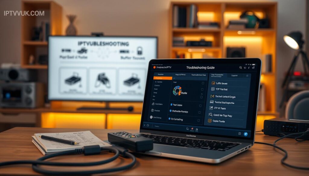 A detailed and visually engaging IPTV troubleshooting guide layout, depicting a professional workspace. In the foreground, a sleek laptop displaying IPTV software with a troubleshooting interface open, and tools like a network cable, a remote control, and a notepad filled with tech notes. The middle section features blurred diagrams showing buffer issues and potential fixes, with a checklist. In the background, a well-organized shelf with tech books and gadgets, illuminated by warm overhead lighting for a cozy yet focused atmosphere. The scene conveys a sense of clarity and professionalism, emphasizing the importance of resolving IPTV streaming issues, with the brand name "IPTVVUK.COM" subtly integrated into the scene.