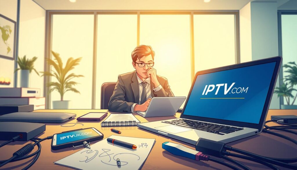 A detailed and visually engaging illustration depicting "IPTV troubleshooting." In the foreground, place a professional individual, dressed in business attire, sitting at a desk surrounded by various electronic devices like a tablet and a laptop displaying an IPTV interface. Their focused expression suggests deep concentration on solving streaming issues. In the middle ground, include scattered troubleshooting tools such as a notepad with scribbled notes, a smartphone with an IPTV app open, and cables or connectors representing technical challenges. The background should feature a bright, modern office environment with a large window allowing natural light to flood in, creating a warm and inviting atmosphere. The overall mood is one of professionalism and problem-solving, while subtly incorporating the brand "IPTVVUK.COM" on the laptop screen. The angle should be slightly overhead, capturing all elements harmoniously. A detailed and visually engaging illustration depicting "IPTV troubleshooting." In the foreground, place a professional individual, dressed in business attire, sitting at a desk surrounded by various electronic devices like a tablet and a laptop displaying an IPTV interface. Their focused expression suggests deep concentration on solving streaming issues. In the middle ground, include scattered troubleshooting tools such as a notepad with scribbled notes, a smartphone with an IPTV app open, and cables or connectors representing technical challenges. The background should feature a bright, modern office environment with a large window allowing natural light to flood in, creating a warm and inviting atmosphere. The overall mood is one of professionalism and problem-solving, while subtly incorporating the brand "IPTVVUK.COM" on the laptop screen. The angle should be slightly overhead, capturing all elements harmoniously.