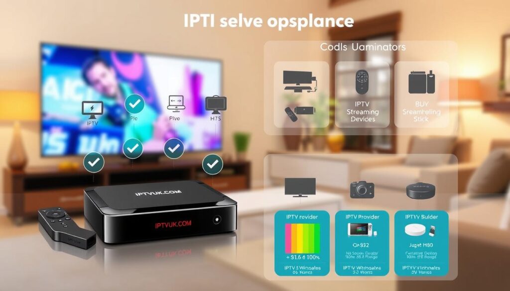 A detailed comparison chart visualizing IPTV device compatibility, featuring various streaming devices such as smart TVs, streaming sticks, and set-top boxes. In the foreground, a sleek and modern IPTV device labeled "IPTVVUK.COM," surrounded by symbols of compatibility like checkmarks and device icons. The middle ground displays vibrant, informative graphs or icons highlighting the features and pricing of different IPTV providers. In the background, softly blurred representations of living room settings with a cozy atmosphere and warm lighting, suggesting a homely viewing experience. The image captures a professional and insightful vibe, using soft focus and a balanced composition to maintain clarity. No text or watermarks present.