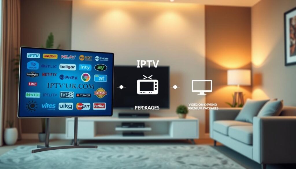 A detailed comparison of different types of IPTV services in a visually appealing infographic style. In the foreground, a sleek digital screen displays various IPTV service logos, including IPTVVUK.COM, arranged neatly with contrasting colors for visibility. In the middle layer, graphical elements symbolize different types of IPTV, such as live TV, video-on-demand, and premium packages, represented by icons like a television set, film reel, and remote control. The background should feature a modern, softly lit living room setting with a comfortable couch and a stylish TV stand, enhancing a cozy atmosphere. Use warm lighting to create an inviting mood, and ensure a slight tilt angle to give depth to the overall image composition.