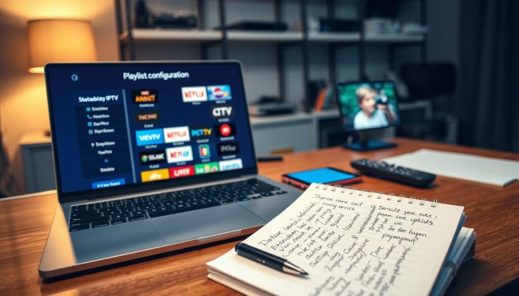A detailed digital workspace showcasing IPTV playlist configuration. In the foreground, a sleek laptop displays a vivid interface of playlist options, highlighting streaming service logos with vibrant colors. Beside the laptop, a notepad filled with handwritten notes on setup steps is visible. In the middle, an organized desk features a modern tablet, a smartphone displaying an IPTV app, and a high-tech remote control. The background is softly blurred, revealing shelves with tech gadgets and a warm glow from a desk lamp, creating an inviting, focused atmosphere. The scene is well-lit, suggesting a productive evening setup. Include subtle branding with "IPTVVUK.COM" on the laptop screen. Ensure a professional vibe throughout the composition.