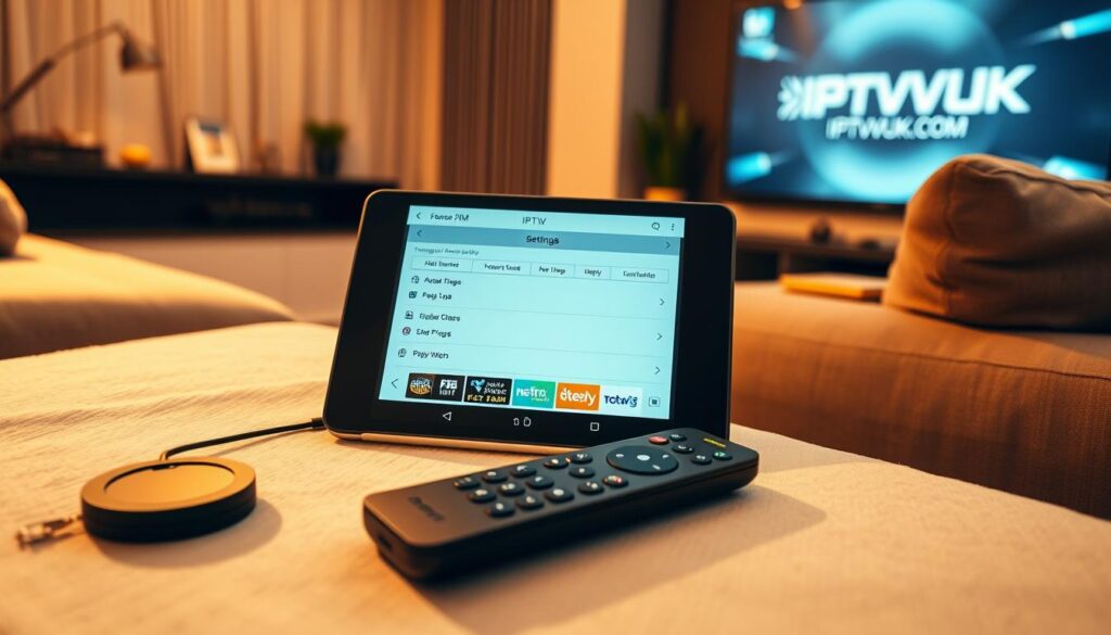 A detailed flat lay of an IPTV player configuration setup on an Android device, showcasing the screen displaying IPTV settings and channel list. In the foreground, prominently feature a sleek, modern Android tablet with a clean user interface. The middle ground includes a stylish remote control laying next to it, along with some colorful icons representing different streaming services. The background is softly blurred, showing a cozy living room ambiance with a plush couch and a large TV screen displaying IPTVVUK.COM's logo. The lighting is warm and inviting, highlighting the tablet's screen and reflecting a homey atmosphere. Capture the essence of user-friendly technology with an emphasis on accessibility and entertainment, using a slightly elevated angle to give a comprehensive view of the configuration setup.