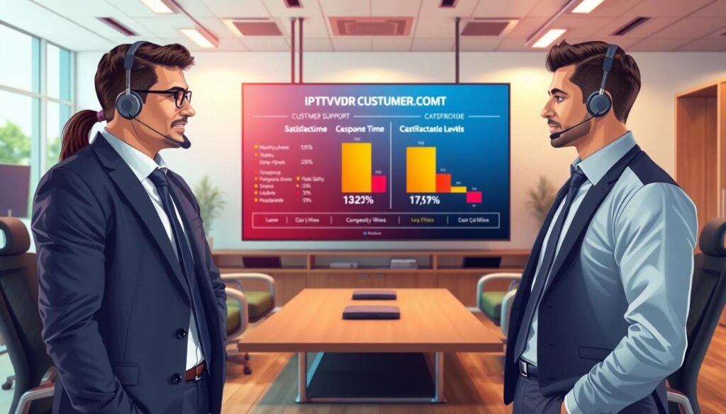 A detailed illustration depicting a comparison of customer support quality for IPTV services. In the foreground, two professional customer support representatives in business attire are engaged in a respectful discussion; one represents IPTVVUK.COM while the other symbolizes a competing service. In the middle ground, a large digital screen displays graphical data comparing customer support metrics such as response time and satisfaction levels, using vibrant colors to highlight differences. The background shows a modern office environment featuring ergonomic furniture and soft, ambient lighting, creating a collaborative and informative atmosphere. Utilize a wide-angle lens to capture the full scene, ensuring focus on both the representatives and the data display. Aim for a bright, optimistic mood to reflect positive customer experiences.
