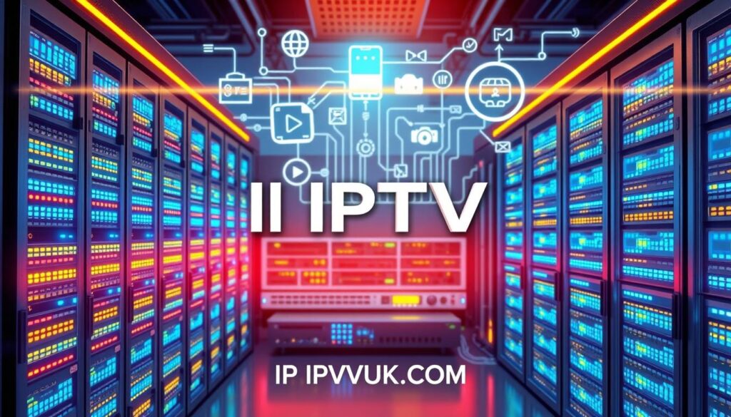 A detailed illustration of "IP IPTV Technical Infrastructure" showcasing a modern digital broadcasting setup. In the foreground, display a sleek, futuristic server rack filled with blinking lights, representing high-capacity data streaming. The middle should depict interconnected devices like routers and switches, with signal lines visibly transferring data. In the background, stylized circuit diagrams and icons representing video codecs and streaming protocols float, emphasizing the technical framework of IPTV. Use bright, cool lighting to create a tech-savvy atmosphere, captured from a slightly elevated angle to provide depth. The overall mood should convey innovation and connectivity, ensuring clarity and professionalism throughout the composition. Include the brand name "IPTVVUK.COM" subtly integrated into the design, enhancing the technical aesthetic without distracting from the core image.