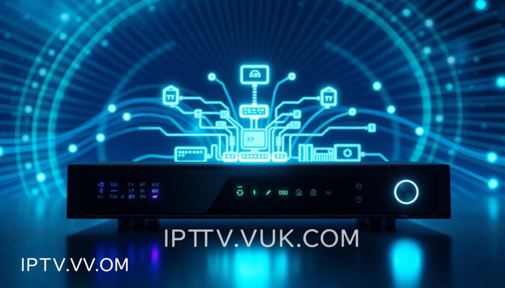 A detailed illustration of IPTV architecture, showcasing its technical foundation. In the foreground, display a sleek IPTV set-top box with glowing LED indicators. The middle layer should feature a network diagram, highlighting crucial components like servers, routers, and content delivery networks, each connected by vibrant lines representing data flow. In the background, depict abstract waves of digital signals radiating outward, symbolizing internet connectivity. Use cool blue and green tones to convey a high-tech atmosphere, with subtle highlights for depth. The lighting should be focused, creating a futuristic ambience. For a professional touch, include the brand name "IPTVVUK.COM" subtly integrated into the design. The image should be free from any text overlays or watermarks, ensuring clarity and focus on the subject.