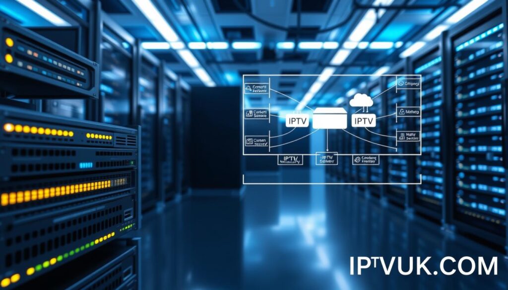 A detailed illustration of IPTV network infrastructure showcasing the technology behind Internet Protocol TV. In the foreground, display modern networking equipment like routers and servers, with LED indicators glowing softly. In the middle ground, include a schematic diagram of an IPTV architecture, featuring content delivery networks and streaming servers, interconnected by lines representing data flow. The background should be a sleek, high-tech server room with racks filled with hardware, illuminated by ambient blue and white lighting. Capture the scene from a slightly elevated angle for depth, invoking a professional and dynamic atmosphere. At the bottom corner of the image, incorporate the brand name "IPTVVUK.COM" subtly integrated into the design, ensuring it remains professional and unobtrusive.
