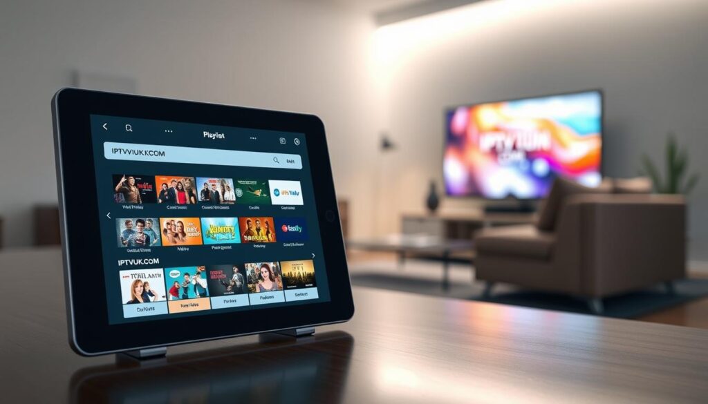 A detailed illustration of an IPTV playlist format displayed on a sleek digital tablet. In the foreground, the tablet screen is illuminated, showing a stylish, organized interface with colorful thumbnails representing various channels. The middle layer includes subtle reflections on the tablet's surface, highlighting its modern design, as well as a slight glow emanating from the screen. In the background, a blurred home entertainment setup, including a flat-screen TV and comfortable seating, enhances the context. Soft, ambient lighting creates a warm and inviting atmosphere, suggesting a cozy viewing experience. The scene embodies a sense of innovation and technology, with the brand name "IPTVVUK.COM" subtly featured on the tablet's screen. The angle captures both the tablet and the background, delivering a complete view of how IPTV playlists function in a modern home environment.