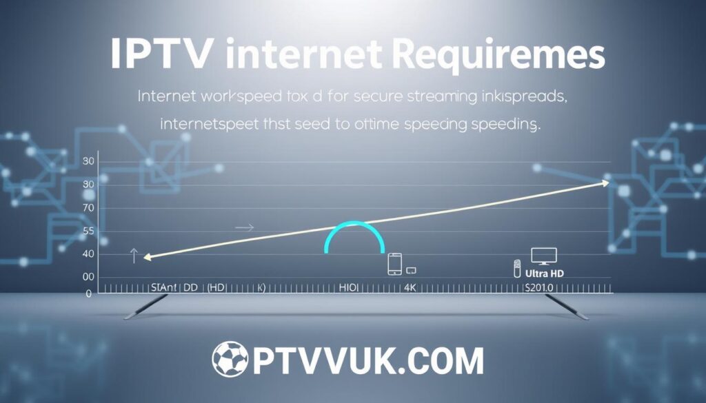 A detailed infographic illustrating "IPTV internet speed requirements" designed for an article on secure streaming options. In the foreground, a clear graph displays varying internet speed thresholds needed for optimal IPTV streaming, featuring different categories: Standard Definition (SD), High Definition (HD), and 4K Ultra HD. In the middle, include symbols representing bandwidth, like arrows or speedometers, along with icons for devices (like TVs and smartphones) that benefit from these speeds. In the background, a subtle digital motif of internet connections, such as fiber optic lines or abstract network graphics, adds depth. Soft, professional lighting creates a modern and tech-savvy atmosphere. Ensure the image reflects professionalism and clarity, with a focus on the brand "IPTVVUK.COM" subtly integrated into the design without any text overlays or captions.