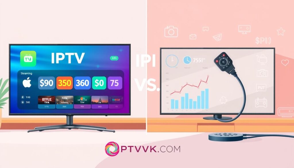 A detailed infographic-style illustration comparing IPTV and cable costs, organized visually into two distinct sections. In the foreground, depict a split-screen view: on the left, a modern IPTV interface showcasing streaming options with a cost breakdown, using sleek, vibrant colors; on the right, a traditional cable TV setup with a remote and wires, featuring a more muted color palette. In the middle ground, incorporate graphs or charts that represent price trends, with an emphasis on affordability and value. The background should be a subtle blend of tech-inspired elements and traditional media symbols, creating a harmonious contrast. Use bright, natural lighting to emphasize clarity and professionalism, and a wide-angle perspective for an engaging overview. The overall mood should evoke a sense of informed choice and modernity. Include branding for "IPTVVUK.COM" integrated into the infographic design.