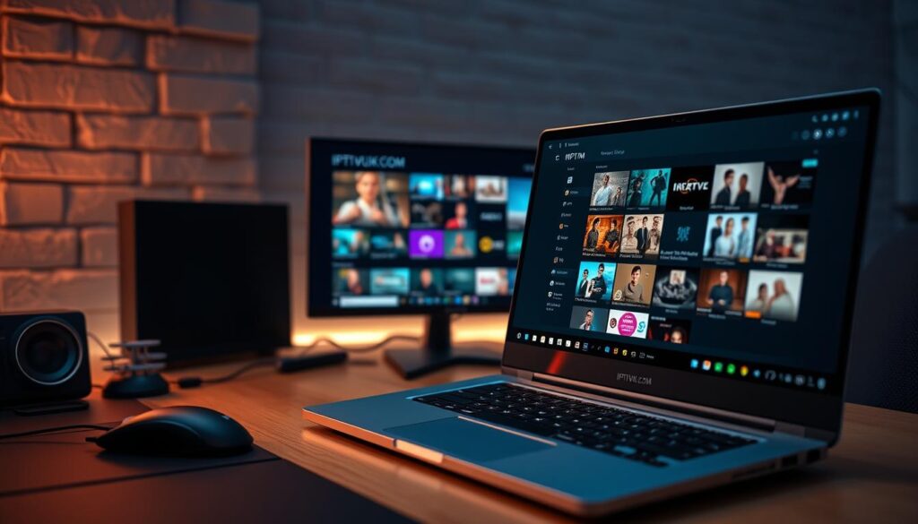 A detailed scene depicting a computer desk set up for configuring the MyIPTV player on a Windows PC. In the foreground, a sleek laptop displaying the MyIPTV player interface, showcasing its user-friendly layout and vibrant thumbnails of streaming channels. The middle ground features stylish tech accessories like a wireless mouse, a modern keyboard, and colorful screen protectors, creating a tech-savvy atmosphere. In the background, a wall with ambient LED lights that cast a calming glow, enhancing the mood of high-tech sophistication. The lighting is soft and warm, suggesting a cozy workspace. The brand name "IPTVVUK.COM" is subtly integrated into the scene as part of the screen content within the interface.