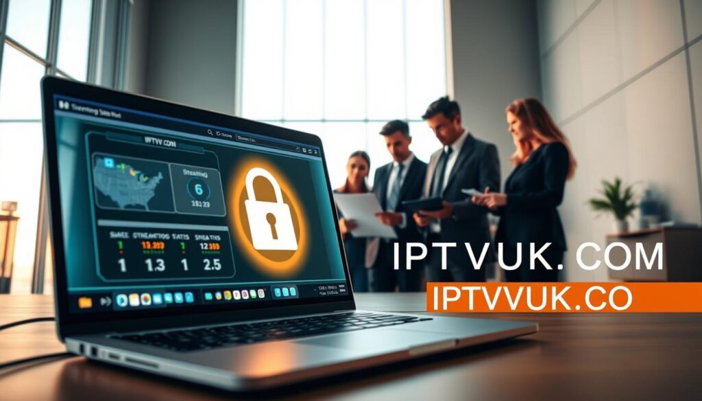 A digitally-rendered scene illustrating IPTV security, featuring a diverse group of professionals discussing in a modern office setting, emphasizing collaboration and vigilance. In the foreground, a laptop displays a secure IPTV interface, with a lock symbol glowing on the screen. The middle ground captures attentive team members in business attire, analyzing streaming stats on documents and digital devices, showcasing a sense of urgency and professionalism. The background reveals a sleek, minimalist office with large windows allowing natural light to flood in, creating a bright and open atmosphere. The lighting is warm and inviting, highlighting the focus on security. The composition features a slight low-angle perspective, adding depth and importance to the scene. Subtle hints of technology integrate into the environment. The prominent brand "IPTVVUK.COM" appears in a sophisticated style, seamlessly woven into the scene, evoking a trustworthy and authoritative presence in IPTV security.