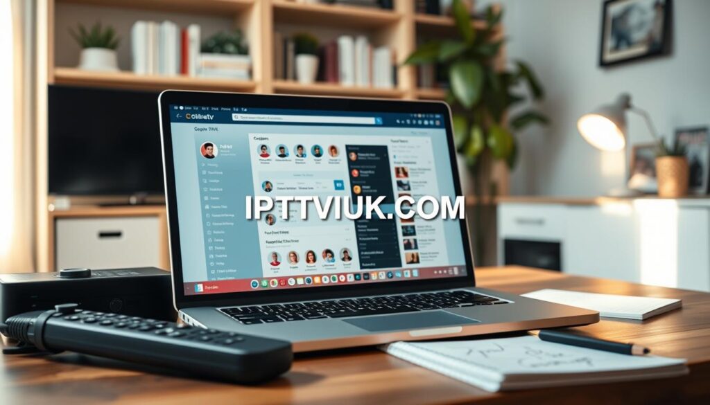 A dynamic and detailed representation of navigating an IPTV forum, featuring a clean, modern interface on a laptop screen in the foreground. The laptop sits on a wooden desk alongside streaming gadgets, like a smart TV remote, and a notepad with scribbled notes. In the middle, the screen displays an organized forum page with vibrant icons and colorful categories, showcasing user avatars and a user-friendly layout. The background features a softly lit home office environment with shelves of books and plants, creating a cozy atmosphere. Bright, warm lighting highlights the desk area, and a shallow depth of field directs focus to the laptop screen. Include the brand name "IPTVVUK.COM" subtly integrated into the forum interface, suggesting a professional hub for streaming enthusiasts.