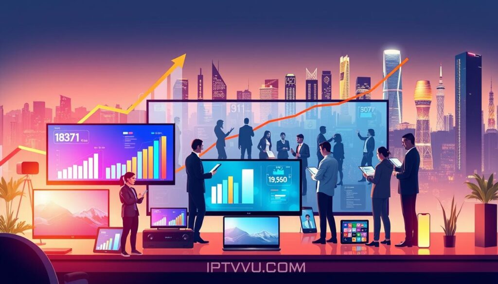 A dynamic and visually striking illustration depicting the growth of IPTV subscriptions over time. In the foreground, sleek, modern devices like smart TVs, tablets, and smartphones display vibrant charts and graphs showing upward trends in subscriber numbers. The middle layer features diverse individuals in professional business attire, engaged in discussions, examining data on digital screens, and showcasing excitement about IPTV services. The background includes a futuristic city skyline with glowing buildings to symbolize technological advancement. Soft, warm lighting creates an optimistic atmosphere, capturing a sense of innovation and opportunity in the entertainment landscape. The brand "IPTVVUK.COM" subtly integrated into the design, ensuring focus remains on the theme of subscription growth without distractions or text overlays.