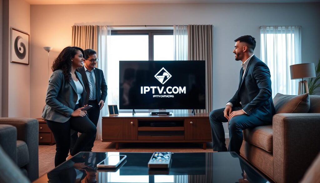 A dynamic living room scene featuring a diverse group of three people (a woman and two men) in professional business attire, gathered around a sleek modern television displaying IPTV content. In the foreground, a stylish coffee table is adorned with a tablet and a smart device for remote control. The middle background showcases a well-furnished room with subtle decorative elements that suggest technology and comfort. Incorporate a large window with natural light streaming in, creating a warm and inviting ambiance. The overall atmosphere should evoke focus and engagement, as they discuss IPTV streaming optimization strategies. Include a subtle logo for "IPTVVUK.COM" on the television screen. The image should have balanced lighting, with a slightly blurred depth of field to draw attention to the interactions between the people and the technology.