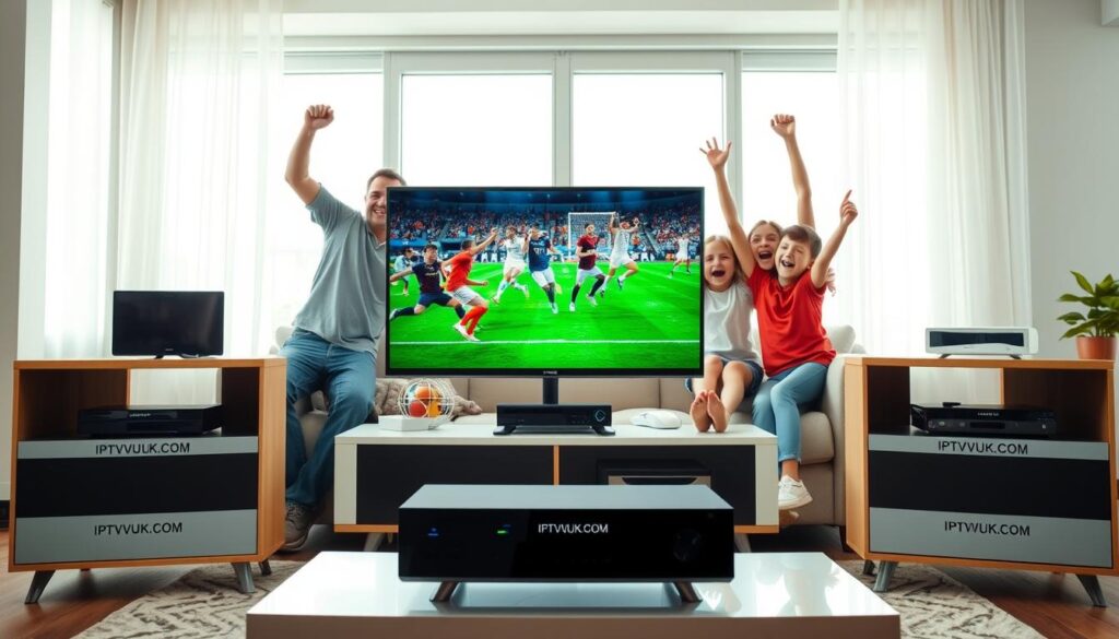 A dynamic living room scene showcasing a modern IPTV system specifically designed for sports enthusiasts. In the foreground, a sleek TV displaying an exciting sports match, with players in action. On either side, a well-organized media console with IPTVVUK.COM branding prominently featured. In the middle, a cozy couch with a family of four—two adults and two children—cheering and wearing casual sports attire, exuding enthusiasm and joy. The background reveals a large window with soft, natural light streaming in, creating an inviting ambiance. The overall atmosphere should be vibrant and energetic, capturing the excitement of watching sports at home. The focus is sharp on the TV while softening the edges for a warm, engaging feel.