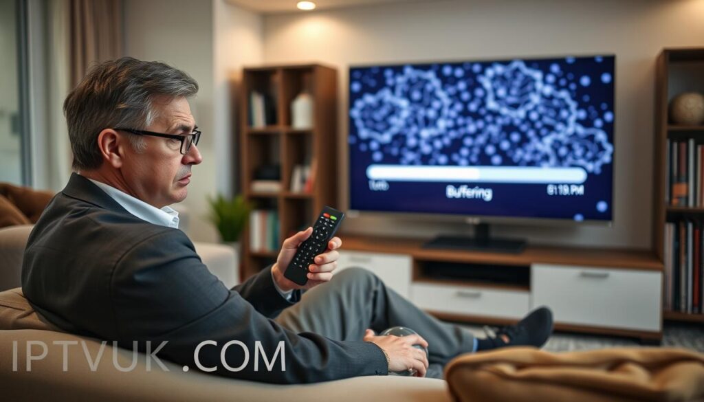 A frustrated individual in a modern living room, sitting on a couch with a remote control, looking at a TV screen displaying a buffering symbol, conveying the struggles of IPTV issues. In the foreground, the person, dressed in smart-casual attire, shows a mix of annoyance and concern. The middle layer features the sleek television with a clear buffering icon and pixelated video feed. The background includes bookshelves and soft ambient lighting that create a warm yet exasperating atmosphere. Use a slightly angled shot to enhance the sense of depth, focusing on the person’s expression and the troublesome screen. The overall mood is one of mild frustration but with a hint of hope for resolution. Brand name “IPTVVUK.COM” subtly integrated into the scene as part of the room decor, enhancing the context without overpowering the focus on the buffering issue.