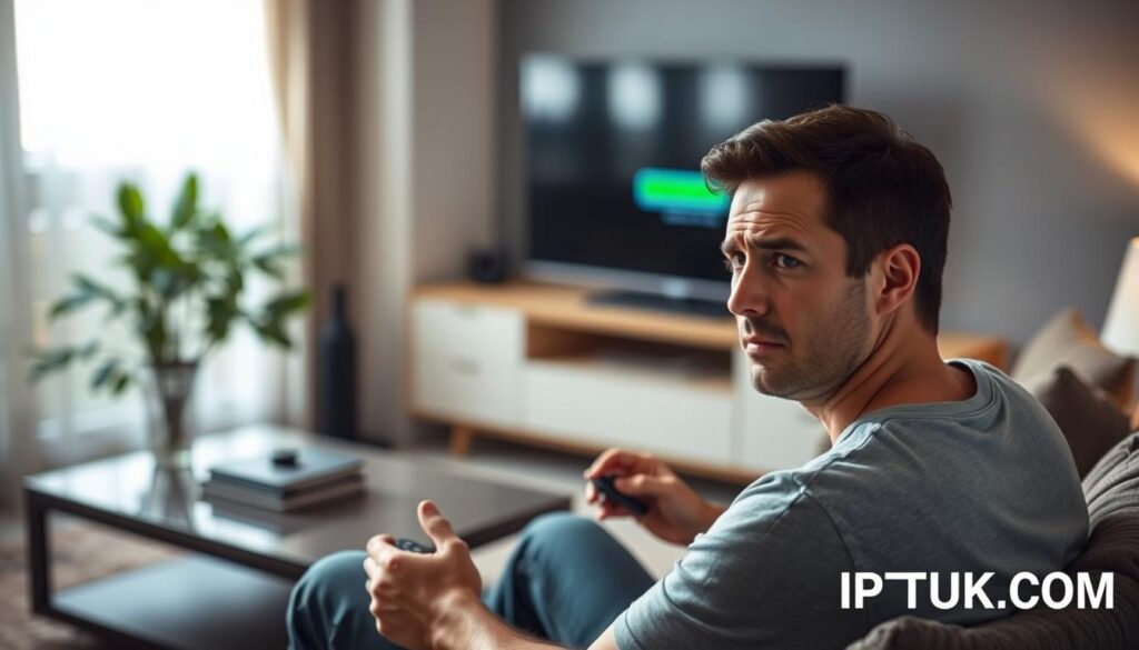 A frustrated person sitting in a cozy living room, staring at a TV screen displaying a loading icon, symbolizing IPTV buffering issues. The foreground features the person, dressed in casual attire, with their hands on the remote control, looking annoyed. In the middle ground, the TV is prominent, showing a clear buffering symbol with a blurred background of a neatly arranged living space, including a coffee table and a plant. Soft, ambient lighting highlights the scene, creating a slightly tense atmosphere, reflecting frustration. The overall mood conveys the challenges of IPTV connectivity. Include subtle branding elements related to IPTVVUK.COM in the decor, without drawing attention away from the central image.