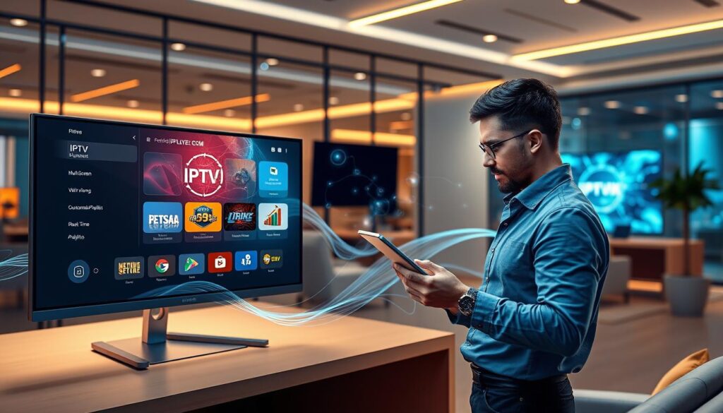 A futuristic digital workspace showcasing the advanced streaming features of IPTV Player Pro. In the foreground, a sleek monitor displays a high-resolution interface of the IPTV Player Pro, highlighting features like multi-screen viewing, customizable playlists, and real-time analytics. To the side, a professional wearing smart casual attire interacts with a modern tablet, demonstrating the app's functionality. The middle ground features abstract representations of streaming data, such as waves or lines of light connecting various devices. In the background, a stylish office space with ambient lighting sets a professional yet relaxed atmosphere, while the logo "IPTVVUK.COM" subtly appears on the monitor. The overall mood is innovative and engaging, emphasizing advanced technology in streaming entertainment. A futuristic digital workspace showcasing the advanced streaming features of IPTV Player Pro. In the foreground, a sleek monitor displays a high-resolution interface of the IPTV Player Pro, highlighting features like multi-screen viewing, customizable playlists, and real-time analytics. To the side, a professional wearing smart casual attire interacts with a modern tablet, demonstrating the app's functionality. The middle ground features abstract representations of streaming data, such as waves or lines of light connecting various devices. In the background, a stylish office space with ambient lighting sets a professional yet relaxed atmosphere, while the logo "IPTVVUK.COM" subtly appears on the monitor. The overall mood is innovative and engaging, emphasizing advanced technology in streaming entertainment.