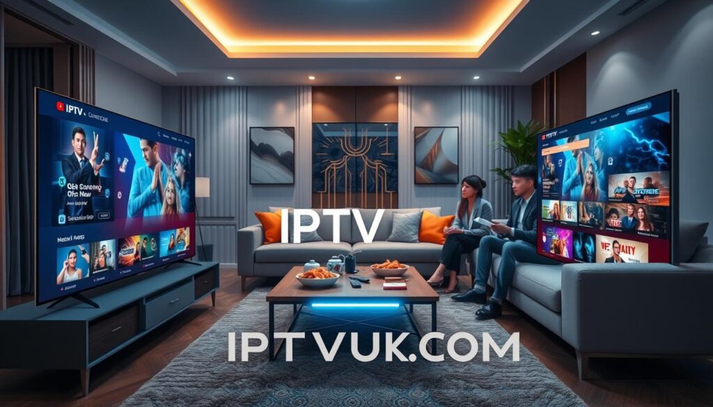 A futuristic home entertainment setup showcasing IPTV services in 2023. In the foreground, a sleek smart TV displays a vibrant user interface with various channel options and streaming apps clearly visible. To the left, a group of diverse individuals in professional business attire are seated on a modern couch, eagerly discussing their favorite shows. In the middle background, a coffee table is adorned with glowing remotes and snacks, creating a cozy viewing atmosphere. Soft, ambient lighting casts a warm glow throughout the room. The backdrop features stylish decor, emphasizing a contemporary and tech-savvy lifestyle. Capture this scene with a wide-angle lens, highlighting the excitement and innovation in the IPTV market. Include the brand name "IPTVVUK.COM" subtly in the design elements of the TV screen or coffee table.