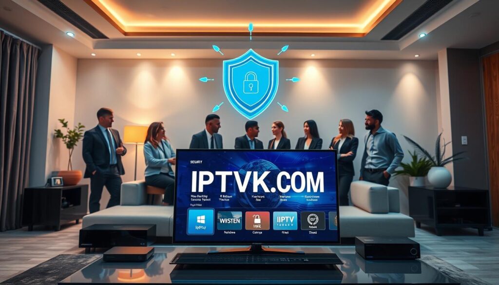 A futuristic living room setup showcasing "IPTVVUK.COM" as a centerpiece, emphasizing IPTV security. In the foreground, a sleek smart TV with a secure interface displayed, surrounded by high-tech streaming devices. In the middle ground, a diverse group of professionals in smart casual attire intently discussing IPTV options, illustrating a collaborative atmosphere. The background features a modern home environment with ambient lighting, including smart lighting fixtures that highlight the technological theme. A digital security shield icon hovers above the TV, symbolizing protection and safety in streaming. The scene conveys a professional yet inviting mood, with a balanced composition and a warm color palette to create a sense of trust and security in IPTV services.