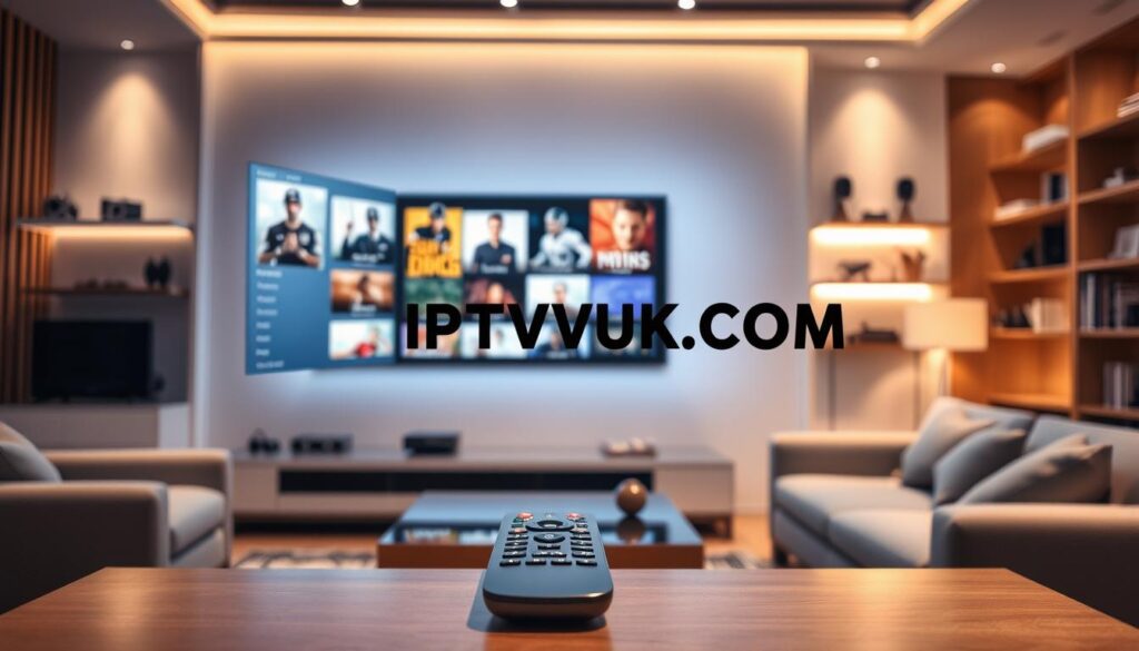A futuristic living room showcasing a sleek flat-screen TV displaying various IPTV channels, such as movies, sports, and news. In the foreground, a modern remote control rests on a stylish coffee table, emphasizing user-friendly navigation. The middle ground features a cozy seating arrangement with plush couches, inviting viewers to settle in and enjoy. The background features soft ambient lighting reflecting a relaxed atmosphere, with decorative shelves displaying tech gadgets and books. The entire scene conveys a sense of comfort and modern technology, ideal for family entertainment. Include the brand name "IPTVVUK.COM" subtly integrated into the background design. Capture this scene with a warm color palette and a shallow depth of field to focus on the TV and remote, enhancing the overall inviting mood.