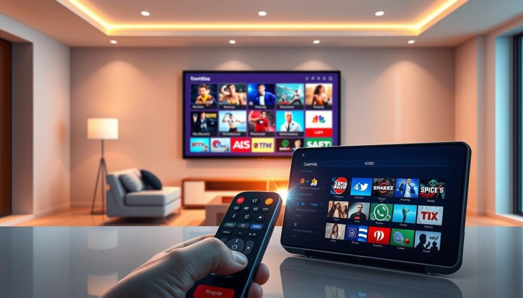 A futuristic, visually engaging representation of a "Magic IPTV content library" for IPTVVUK.COM. In the foreground, display a sleek, modern interface showcasing vibrant thumbnails of channels and video-on-demand (VOD) options, with a glowing remote control to emphasize interactivity. The middle layer features a digital screen displaying diverse categories like movies, sports, and documentaries in a grid layout, emanating a warm glow. The background is a minimalist living room setting with soft, ambient lighting creating a cozy atmosphere, a stylish couch, and a large wall-mounted TV. The composition should convey a feeling of excitement and convenience, inviting viewers to explore endless streaming possibilities.