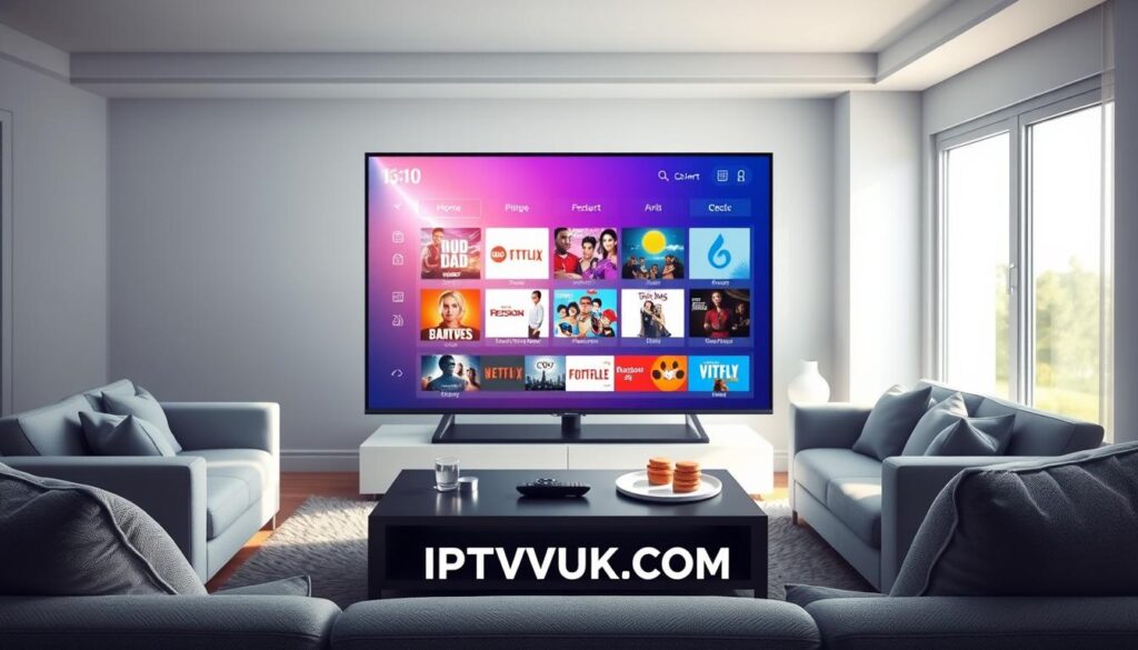 A high-definition digital illustration depicting the concept of "IPTV streaming quality." In the foreground, a sleek smart TV displays a crystal-clear IPTV service interface showing colorful thumbnails of popular shows and movies. The middle ground features a comfortable living room setting, with modern furniture and a coffee table adorned with a remote control and snacks. The background showcases a window with soft, natural daylight streaming in, creating a warm and inviting atmosphere. The overall mood is relaxed and enjoyable, emphasizing the seamless and high-quality viewing experience of legal IPTV services. Soft shadows highlight the contours of the furniture, while a subtle glow enhances the screen's vibrant colors. Include the brand name "IPTVVUK.COM" subtly integrated into the design, ensuring it remains professional and unobtrusive.