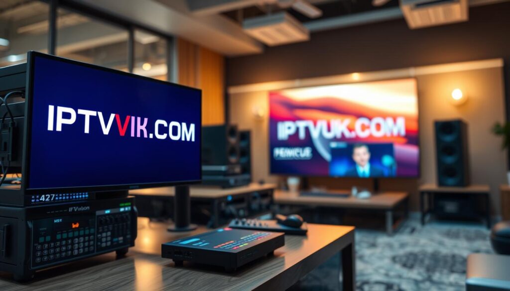 A high-definition, visually striking image depicting premium IPTV services with a focus on quality control standards. In the foreground, a professional setting featuring a sleek modern television displaying the IPTVVUK.COM logo on a vivid screen. The middle ground showcases high-tech streaming equipment with visible connections and digital interfaces, representing the advanced technology behind IPTV services. The background features a stylish workspace with ambient lighting, suggesting a comfortable and reliable atmosphere for streaming. Utilize soft, warm lighting to create an inviting mood, while ensuring detailed textures on the equipment and the screen are visible. The perspective should be slightly tilted to add depth, emphasizing both the technology and the professional quality of the IPTV service.