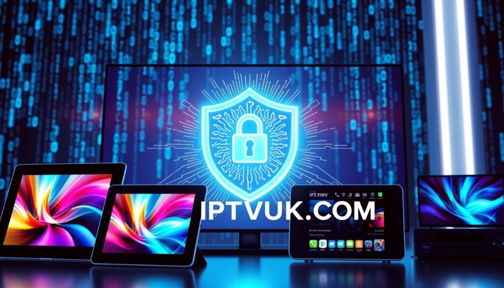 A high-tech digital illustration of "IPTV security" focusing on privacy and safety. In the foreground, sleek tablets and smart TVs display vibrant streaming content, symbolizing the functionality of SS IPTV. The middle layer features a glowing shield emblem with complex circuitry patterns, representing data protection, and a lock symbol integrated within the shield. In the background, abstract binary code streams down in soft blue tones, creating a sense of secure digital infrastructure. The atmosphere is one of professionalism and trust, with cool lighting casting a futuristic glow over the scene. Include the brand name "IPTVVUK.COM" subtly integrated into the design, enhancing the theme of secure streaming without overpowering the primary elements.