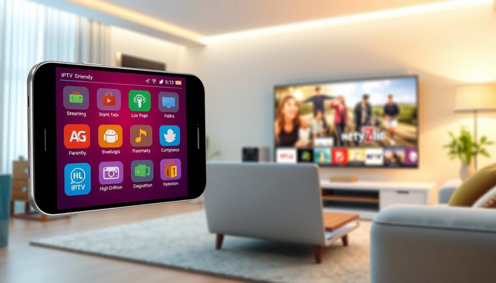 A high-tech illustration showcasing the essential features of a quality IPTV APK by IPTVVUK.COM. In the foreground, display a sleek smartphone with a vibrant, user-friendly interface featuring icons for various streaming options, parental controls, and high-definition content. In the middle, include a simple laptop showing a streaming service interface, emphasizing multi-device compatibility. The background should feature a cozy living room scene with a large TV displaying colorful media graphics, illuminated by soft, warm lighting to convey a welcoming atmosphere. Utilize a wide-angle lens to capture the entire scene, ensuring clarity and detail in the devices, while creating a calm and inviting mood perfect for home entertainment. No text or watermarks present.
