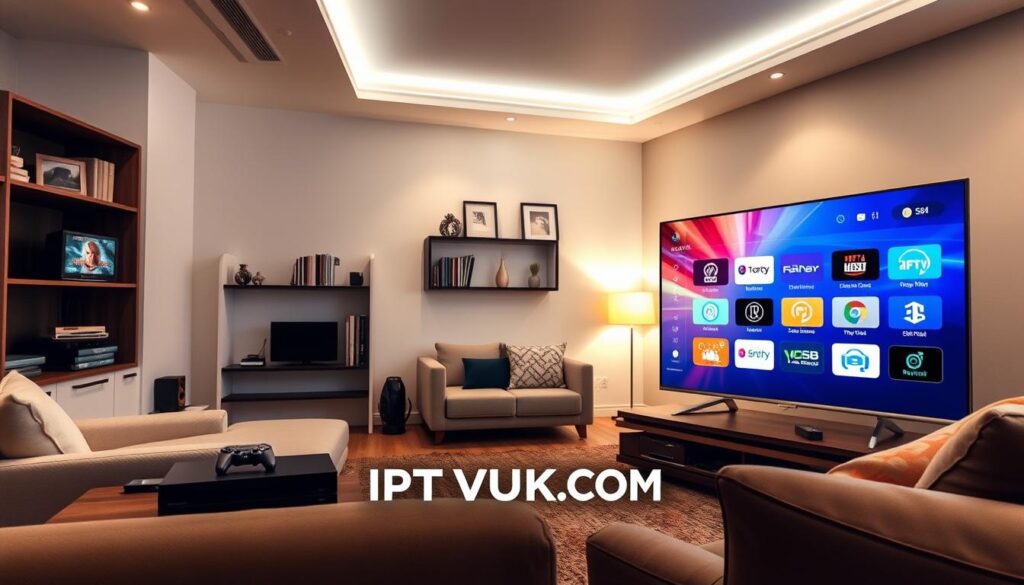 A high-tech living room showcasing IPTV streaming quality features. In the foreground, a sleek smart TV displays a vibrant interface with multiple streaming options, clearly indicating high resolution and fast loading times. Beside the TV, a modern gaming console and smart device capture the essence of a connected home. In the middle, stylish furniture complements the contemporary setup, while a well-organized shelf holds various streaming devices and books on entertainment technology. In the background, soft ambient lighting creates a cozy atmosphere, enhancing the tech-savvy vibe. Use a wide-angle lens to capture the entire scene, ensuring clarity and a professional look. The mood is engaging and informative, illustrating a modern approach to home entertainment. Include a subtle branding element of "IPTVVUK.COM" incorporated into the TV interface design.