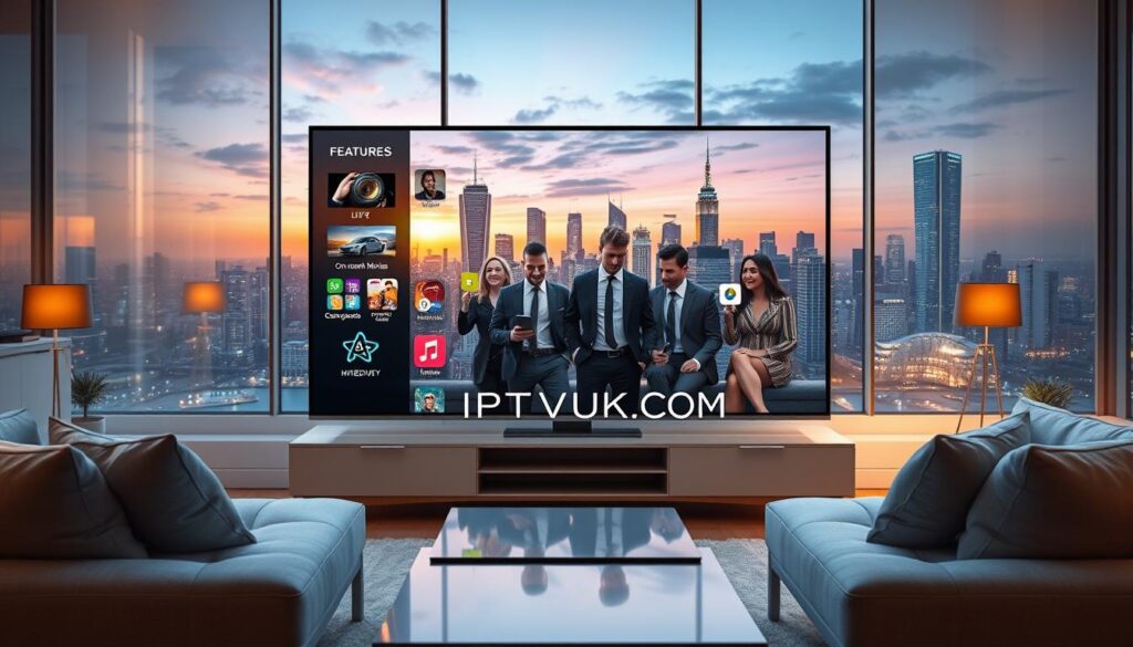 A high-tech, visually striking depiction of "S S IPTV features" for an informative section on streaming technology. Foreground: a sleek modern TV screen displaying vibrant streaming content, with icons representing various IPTV features like live TV, on-demand movies, and multi-device compatibility. Middle: a stylish living room setting with comfortable furniture, showcasing diverse users watching content together, dressed in professional business attire to convey a friendly, engaging environment. Background: a digital city skyline illuminated at dusk, symbolizing connectivity and technology. Soft, warm lighting creates an inviting atmosphere. The focal point is the logo "IPTVVUK.COM" subtly integrated into the screen design, enhancing the high-tech feel without overwhelming the scene.