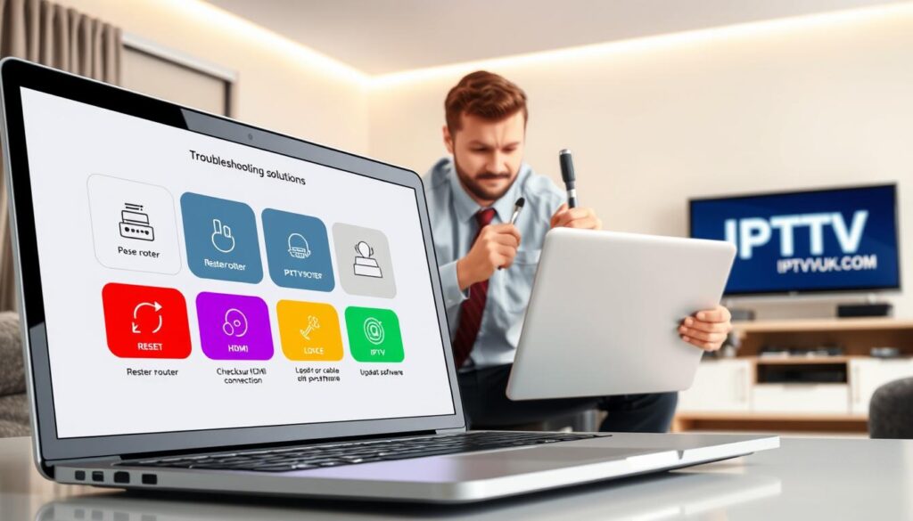 A highly detailed, professional illustration of IPTV troubleshooting steps, designed for an article section titled "Step-by-Step Troubleshooting Solutions." In the foreground, depict a close-up of a laptop screen displaying a simplified interface of an IPTV service, with colorful icons representing various troubleshooting steps like resetting the router, checking the HDMI connection, and updating software. In the middle ground, include a confident technician in business attire, attentively examining the laptop, holding tools like a screwdriver and a network cable. The background should feature a modern living room setting with a TV displaying the IPTV logo "IPTVVUK.COM." The lighting is bright and clear, suggesting a well-lit environment, creating a sense of urgency and focus. The overall mood is professional and problem-solving, encouraging viewers to engage with troubleshooting their IPTV issues effectively.