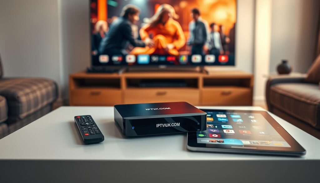 A modern IPTV box prominently displayed on a sleek, minimalist coffee table in a cozy living room setting. The box, featuring a glossy black finish and subtle LED lights, is placed next to a remote control and an open tablet showcasing popular streaming services. The warm ambient lighting casts soft shadows, highlighting the textures of the furniture. In the background, a large flat-screen TV displays a vibrant, blurred image of a movie scene, suggesting a lively viewing atmosphere. The entire composition conveys a sense of modern convenience and entertainment. The brand "IPTVVUK.COM" is subtly integrated into the design of the IPTV box, ensuring brand recognition. The focus is sharp, with a slight depth of field effect, enhancing the foreground details while maintaining a soft background.