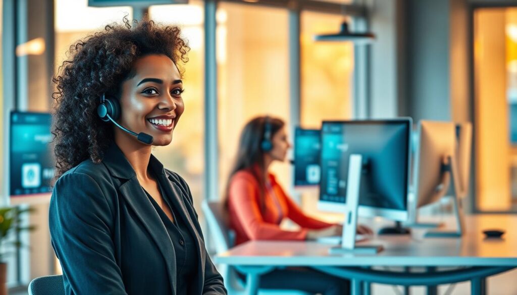 A modern IPTV customer support scene showcasing a diverse team of professional agents. In the foreground, a friendly customer support representative, a woman with curly hair wearing smart casual attire, is engaged in a conversation on a headset, looking attentive and approachable. In the middle ground, two additional agents are working at sleek desks with multiple computer monitors, showing IPTV interfaces. The background features a stylish office with large windows letting in warm natural light, giving a sense of openness and reliability. The mood is enthusiastic and cooperative, emphasizing customer service. The color palette includes soft blues and greens to convey trust and calmness. Include the brand name "IPTVVUK.COM" subtly displayed on the computer screens. A modern IPTV customer support scene showcasing a diverse team of professional agents. In the foreground, a friendly customer support representative, a woman with curly hair wearing smart casual attire, is engaged in a conversation on a headset, looking attentive and approachable. In the middle ground, two additional agents are working at sleek desks with multiple computer monitors, showing IPTV interfaces. The background features a stylish office with large windows letting in warm natural light, giving a sense of openness and reliability. The mood is enthusiastic and cooperative, emphasizing customer service. The color palette includes soft blues and greens to convey trust and calmness. Include the brand name "IPTVVUK.COM" subtly displayed on the computer screens.