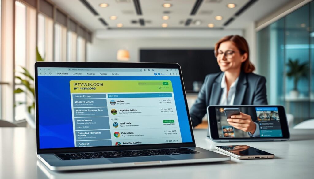 A modern IPTV discussion website interface showcasing a vibrant, user-friendly forum. In the foreground, an elegant laptop displays a colorful, interactive forum page featuring threads labeled "Reviews," "Discussions," and "Guides," with a welcoming blue and green color palette. A professional user, dressed in smart casual attire, is engaged in discussion, with an inviting smile, conveying a sense of community. In the middle ground, additional devices like tablets and smartphones illustrate multi-platform access. The background features a sleek, stylized office space with soft ambient lighting, creating a warm and inviting atmosphere for digital interaction. The overall mood is collaborative, informative, and engaging, with the brand name "IPTVVUK.COM" subtly integrated within the forum interface.