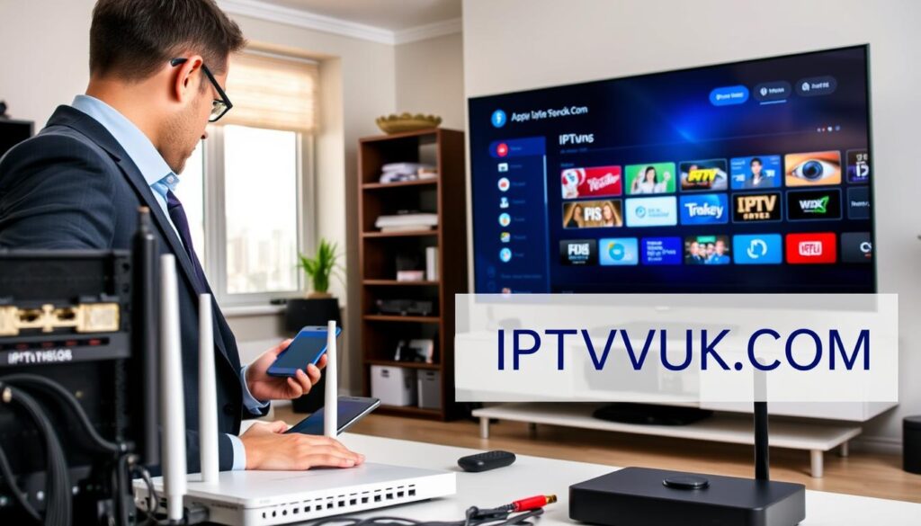 A modern IPTV network setup, featuring comprehensive technical equipment including a sleek router, a smart TV displaying an IPTV interface, and various connected devices like a tablet and smartphone. In the foreground, a professional individual in smart attire is configuring the system, showcasing the user-friendly interface. The middle ground includes a well-organized home office environment with cables neatly arranged, and a window allowing natural light to illuminate the space. In the background, a subtle city skyline of Vancouver, BC, can be seen through the window. The atmosphere is focused and tech-savvy, conveying a sense of security and affordability. The brand name "IPTVVUK.COM" is integrated subtly into the design as part of the IPTV interface, ensuring it aligns with the theme of quality IPTV streaming.