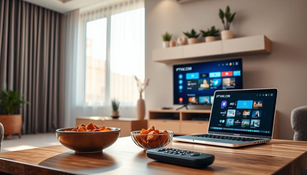 A modern IPTV player setup in a cozy living room, showcasing a sleek TV displaying the interface of IPTVVUK.COM. In the foreground, a stylish coffee table has a remote control, a bowl of snacks, and a laptop showing IPTV options. In the middle ground, the TV is mounted on a minimalist wall unit adorned with decorative plants. The background features a large window letting in warm, natural light, enhancing a welcoming atmosphere. The overall mood is relaxed and inviting, perfect for streaming enthusiasts. The angle is slightly elevated to capture the entire setup, with a focus on the TV screen and user-friendly interface. Emphasize soft, ambient lighting for a comfortable vibe. A modern IPTV player setup in a cozy living room, showcasing a sleek TV displaying the interface of IPTVVUK.COM. In the foreground, a stylish coffee table has a remote control, a bowl of snacks, and a laptop showing IPTV options. In the middle ground, the TV is mounted on a minimalist wall unit adorned with decorative plants. The background features a large window letting in warm, natural light, enhancing a welcoming atmosphere. The overall mood is relaxed and inviting, perfect for streaming enthusiasts. The angle is slightly elevated to capture the entire setup, with a focus on the TV screen and user-friendly interface. Emphasize soft, ambient lighting for a comfortable vibe.