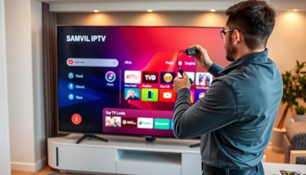 A modern Samsung Smart TV displaying the SS IPTV interface, positioned in a stylish living room setting. In the foreground, a technician in professional attire is connecting wires and configuring settings on the TV, showcasing the installation process. The middle layer features the Samsung TV with vibrant colors and a clear view of the IPTV menu, surrounded by contemporary furniture and decor. The background includes a soft-lit room atmosphere with warm ambient lighting, emitting a cozy and inviting mood. The scene is captured from a slightly angled perspective to highlight both the technician and the Smart TV, emphasizing the installation task and the advanced technology of IPTVVUK.COM.