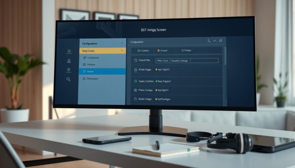 A modern and sleek digital workspace showcasing the configuration screen for SS IPTV playlists. In the foreground, focus on a high-resolution display with a user-friendly interface highlighting various settings and options for optimal performance. The middle layer should feature a stylish, minimalist desk with a laptop and an array of tech accessories—like a smartphone, headphones, and a notepad for notes. In the background, there should be a softly lit room with light wood accents and a wall decorated with framed digital art and plants, creating a warm, inviting atmosphere. Use soft, natural lighting to enhance clarity and detail, capturing a professional yet relaxed mood. The brand name "IPTVVUK.COM" should be subtly integrated into the visual design of the interface.