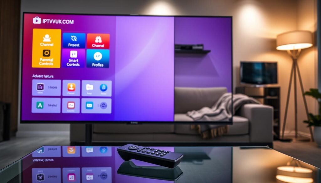 A modern and sleek living room scene showcasing advanced features of IPTV Extreme Pro. In the foreground, a high-definition television displays the user interface with vibrant, colorful menus highlighting customization options such as channel selection, parental controls, and user profiles. A stylish remote control rests on a glass coffee table. In the middle ground, a comfortable couch is positioned with a cozy blanket draped over one armrest. The background features a wall shelf with smart gadgets, creating a high-tech ambiance. Soft, warm lighting emanates from a floor lamp, filling the room with an inviting glow. The overall atmosphere should feel modern, innovative, and user-friendly, emphasizing cutting-edge technology and customization. Incorporate the brand name "IPTVVUK.COM" subtly into the TV screen interface.