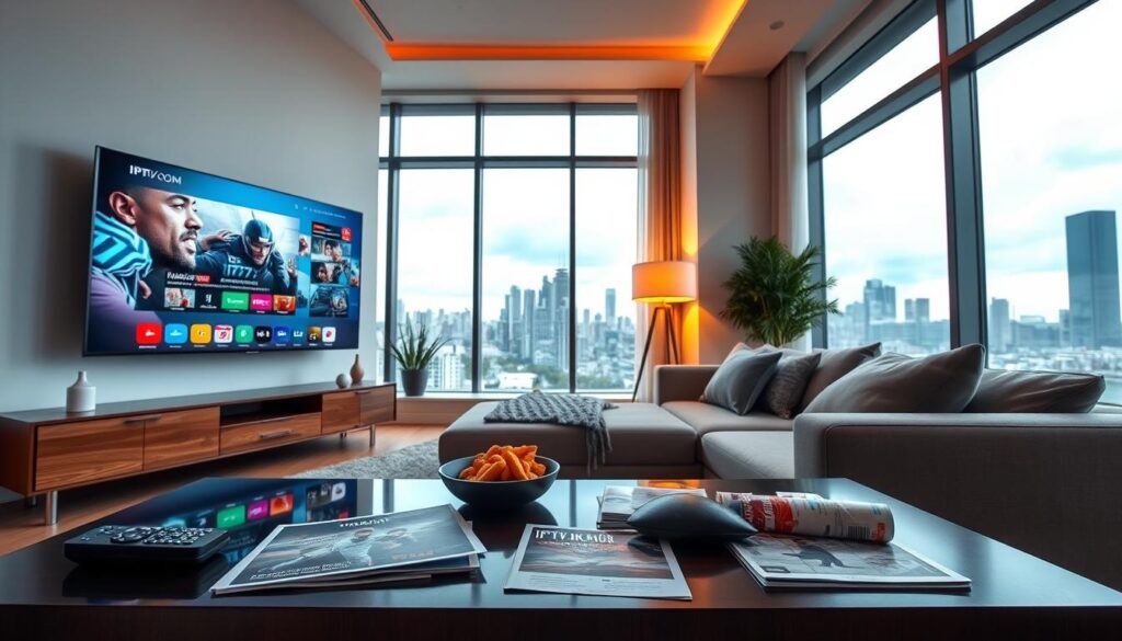 A modern and sleek living room setting showcasing a sophisticated home entertainment setup. In the foreground, a large flat-screen TV displays vibrant streaming content, representing IPTV services. An elegant coffee table is adorned with a remote, snacks, and magazines about Canadian IPTV providers like IPTVVUK.COM. In the middle ground, a comfortable couch with plush cushions invites relaxation, while a stylish lamp casts warm light, creating a cozy atmosphere. In the background, large windows reveal a scenic view of a Canadian cityscape, hinting at the importance of legal streaming options in the country. The image is bright and inviting, with a focus on technology and comfort, captured with a wide-angle lens to encompass the entire scene.
