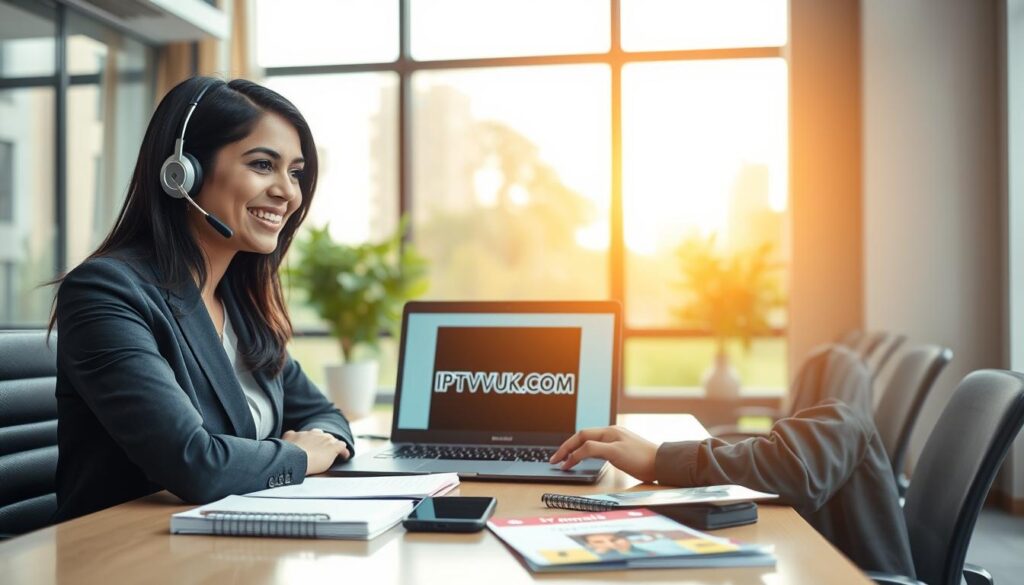 A modern customer support scene for IPTV services, featuring a friendly support agent at a well-organized desk. The foreground shows the agent, a South Asian woman in professional business attire, smiling as she engages with a customer on a headset. In the middle, a laptop displays the IPTVVUK.COM logo on the screen, surrounded by notepads, a smartphone, and a few colorful brochures of TV channels and pricing plans. The background includes a stylish office setting with a large window letting in warm natural light, creating an inviting atmosphere. The lighting is soft and bright, emphasizing professionalism and approachability. The mood conveys a sense of helpfulness and efficiency, perfect for illustrating customer experience and support in the IPTV industry.
