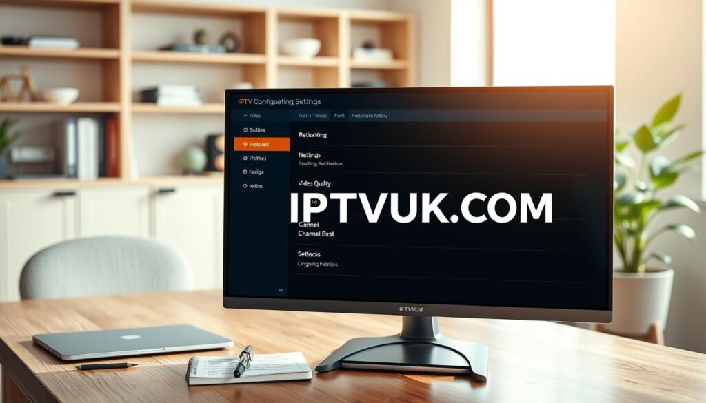 A modern, detailed depiction of IPTV configuration settings displayed on a sleek computer screen in a professional office environment. The foreground features a high-resolution monitor showcasing a user-friendly IPTV interface with clearly defined sections for "Network Settings," "Video Quality," and "Channel List." In the middle, there's a wooden desk with a laptop, smartphone, and a notepad with notes on IPTV installation. The background displays a cozy office setting with softly blurred shelves holding tech books and a potted plant. The lighting is bright yet warm, creating a welcoming mood, while the angle captures a slight top-down view to emphasize the configuration details. Include the brand name "IPTVVUK.COM" on the monitor screen.