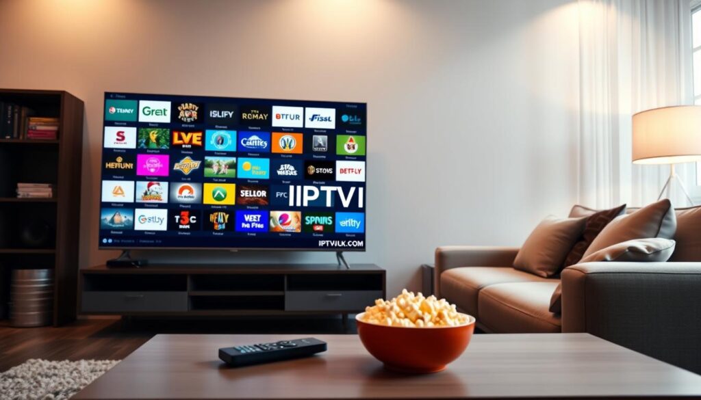 A modern digital living room setting showcasing a sleek TV displaying a vibrant assortment of IPTV channel icons in an engaging layout. In the foreground, a stylish coffee table with a remote control and a bowl of popcorn, suggesting casual comfort. The middle ground features a well-furnished sofa with neatly arranged cushions, evoking a sense of relaxation. In the background, ambient lighting casts a warm glow, enhancing the coziness of the environment. Soft shadows create depth, and the focus is sharp on the TV screen, emphasizing the variety of available channels. Include subtle branding elements showing "IPTVVUK.COM" on the screen in a sophisticated manner, ensuring it harmonizes with the image. The overall mood is inviting and contemporary, perfect for exploring budget IPTV options.