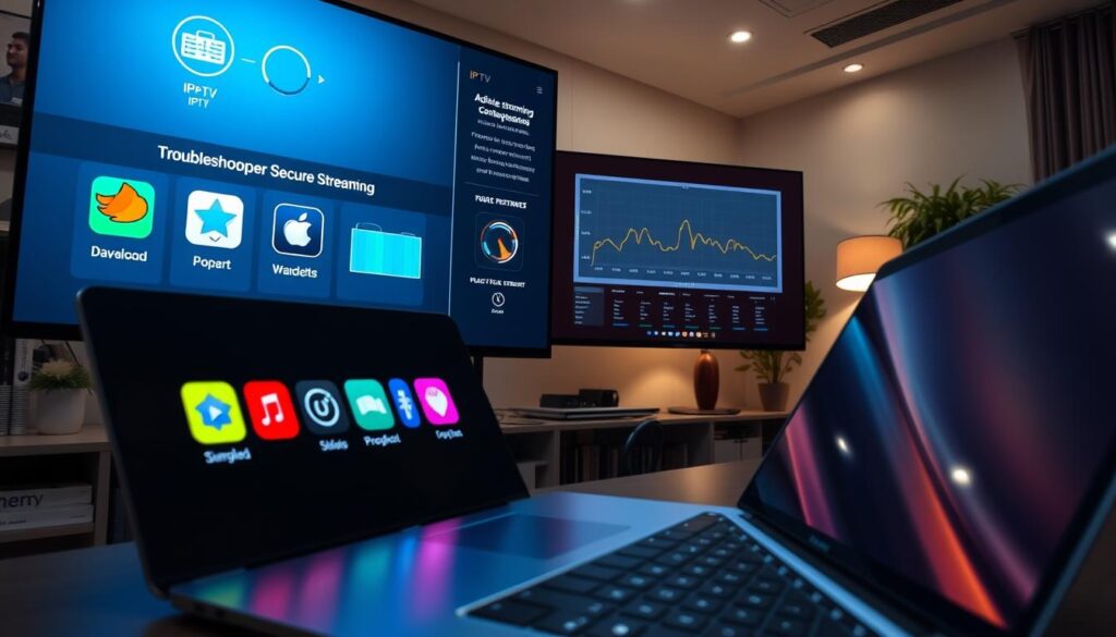 A modern digital workspace depicting various IPTV apps displayed on multiple screens, showcasing icons and interfaces related to secure streaming. In the foreground, a sleek laptop is partially open, with vibrant app logos glowing on the screen. In the middle, a large monitor displays a troubleshooting interface with graphs and indicators to represent common streaming issues visually. The background features a cozy office setting with neutral lighting, creating a calm and focused atmosphere. Use a wide-angle lens to capture the details of the environment. Add a subtle branding element, like a logo of "IPTVVUK.COM," discreetly on one of the screens. The overall mood is professional yet approachable, emphasizing technology and problem-solving.